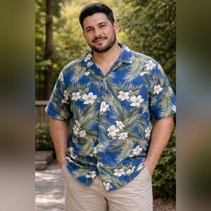 RJC Vintage Hawaiian Shirt Blue Floral Palm Print 3XL